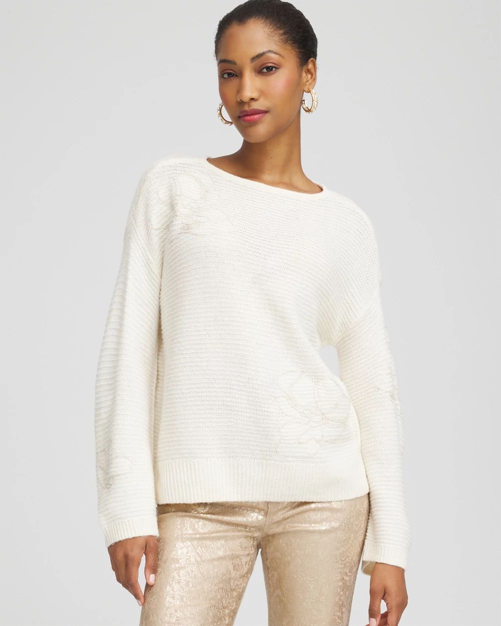 Tonal Embroidered Boatneck Pullover Sweater | Chico's